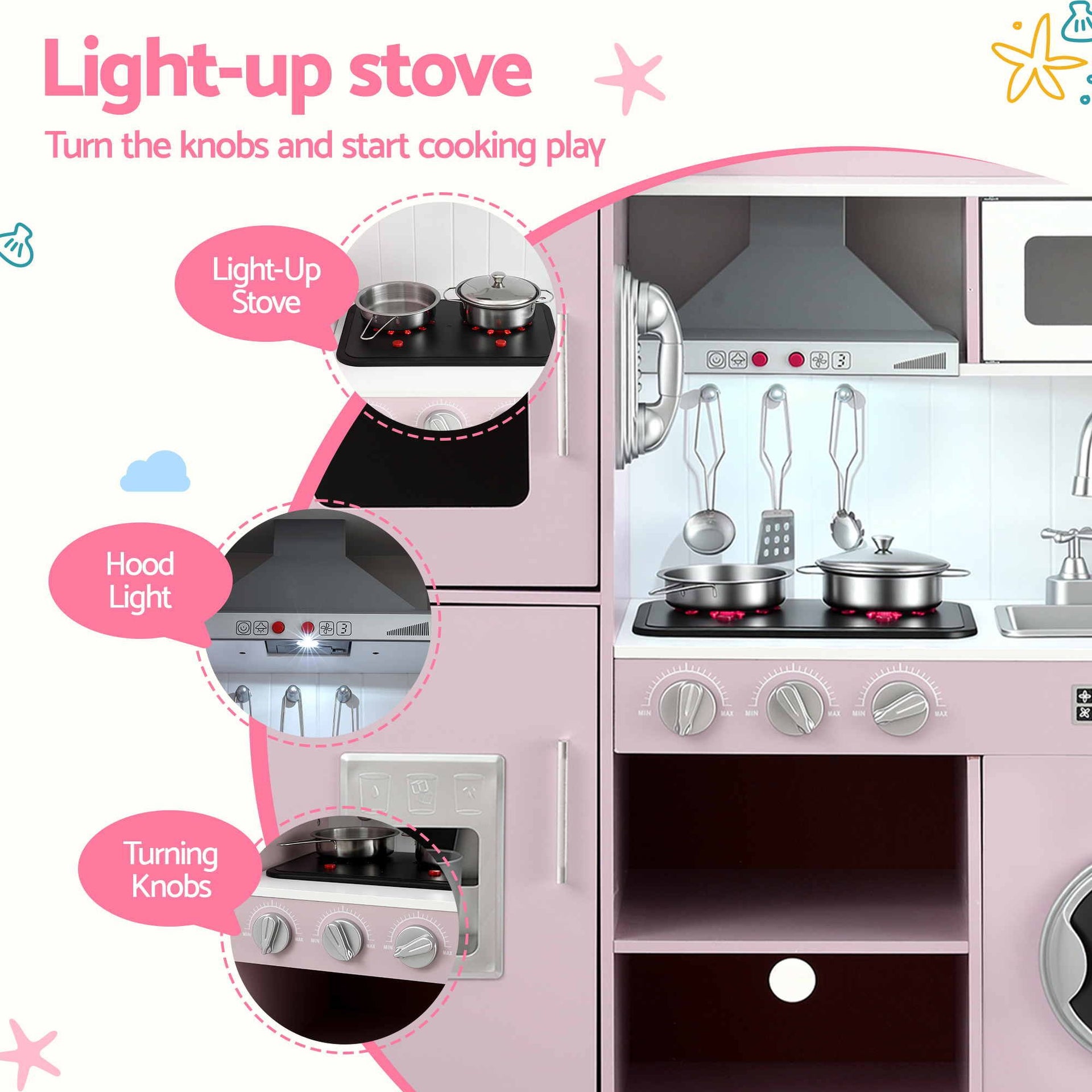 Keezi 102cm Wooden Pretend Kitchen Playset With Apron And Food Set1 Pink Awezingly