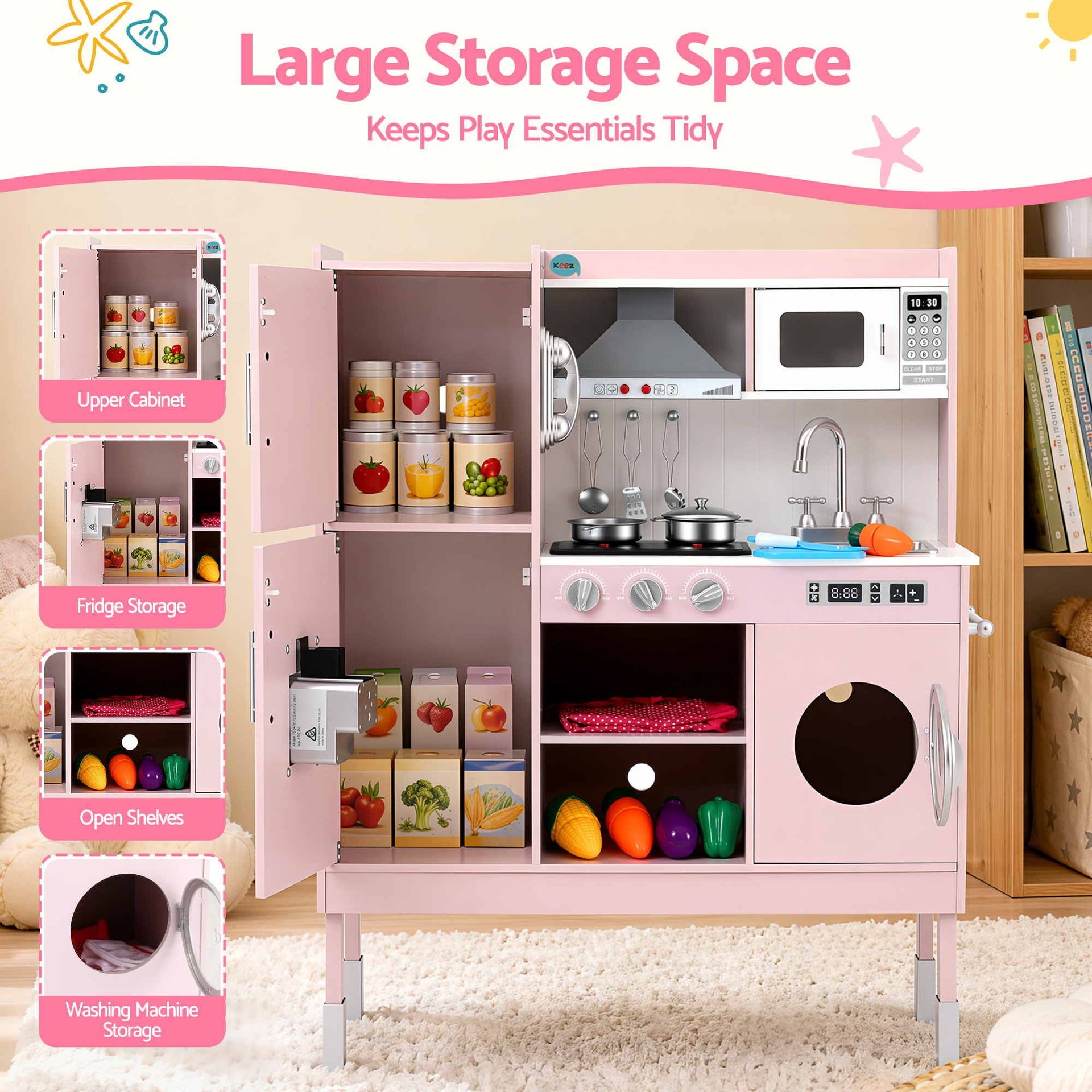 Keezi 102cm Wooden Pretend Kitchen Playset With Apron And Food Set1 Pink Awezingly