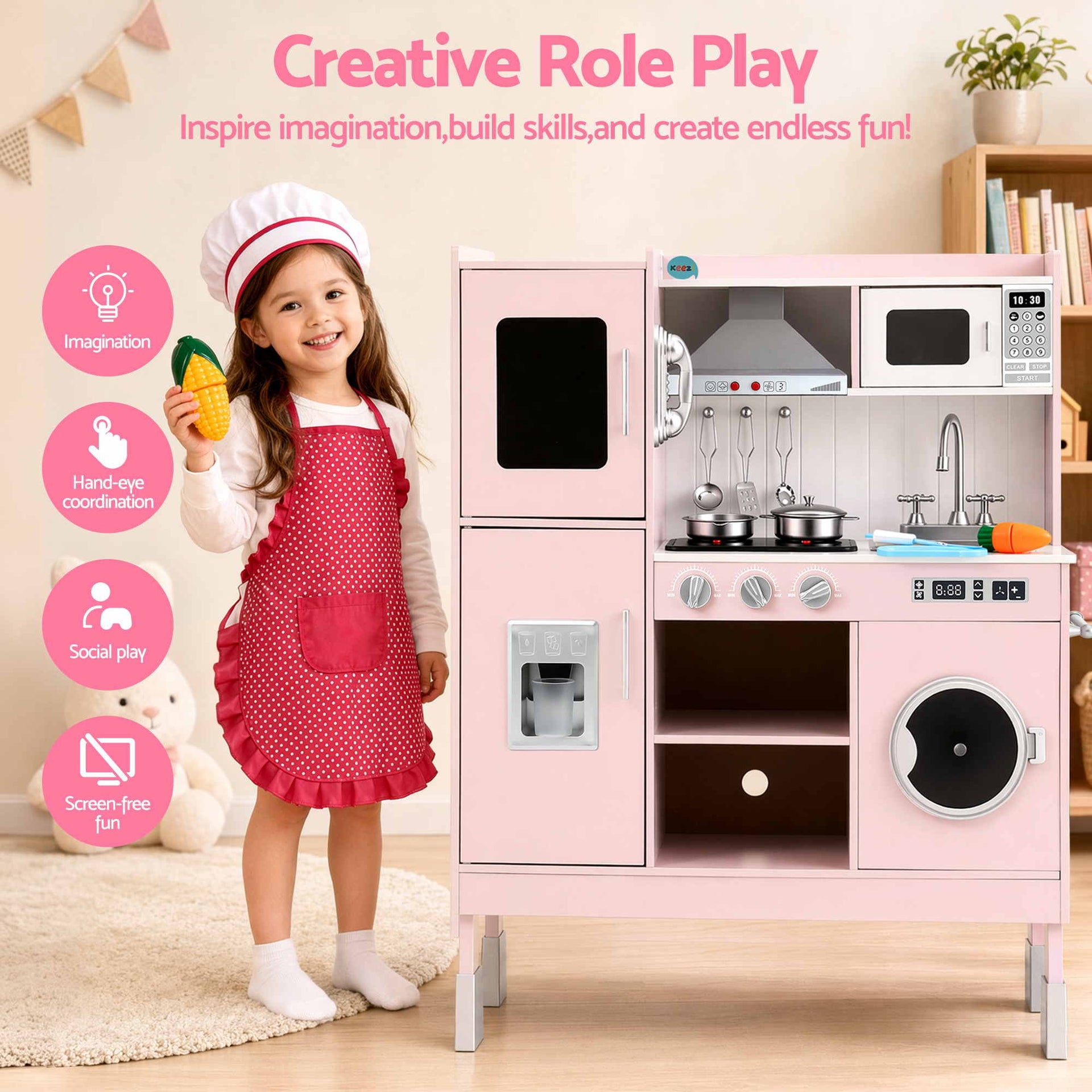 Keezi 102cm Wooden Pretend Kitchen Playset With Apron And Food Set1 Pink Awezingly