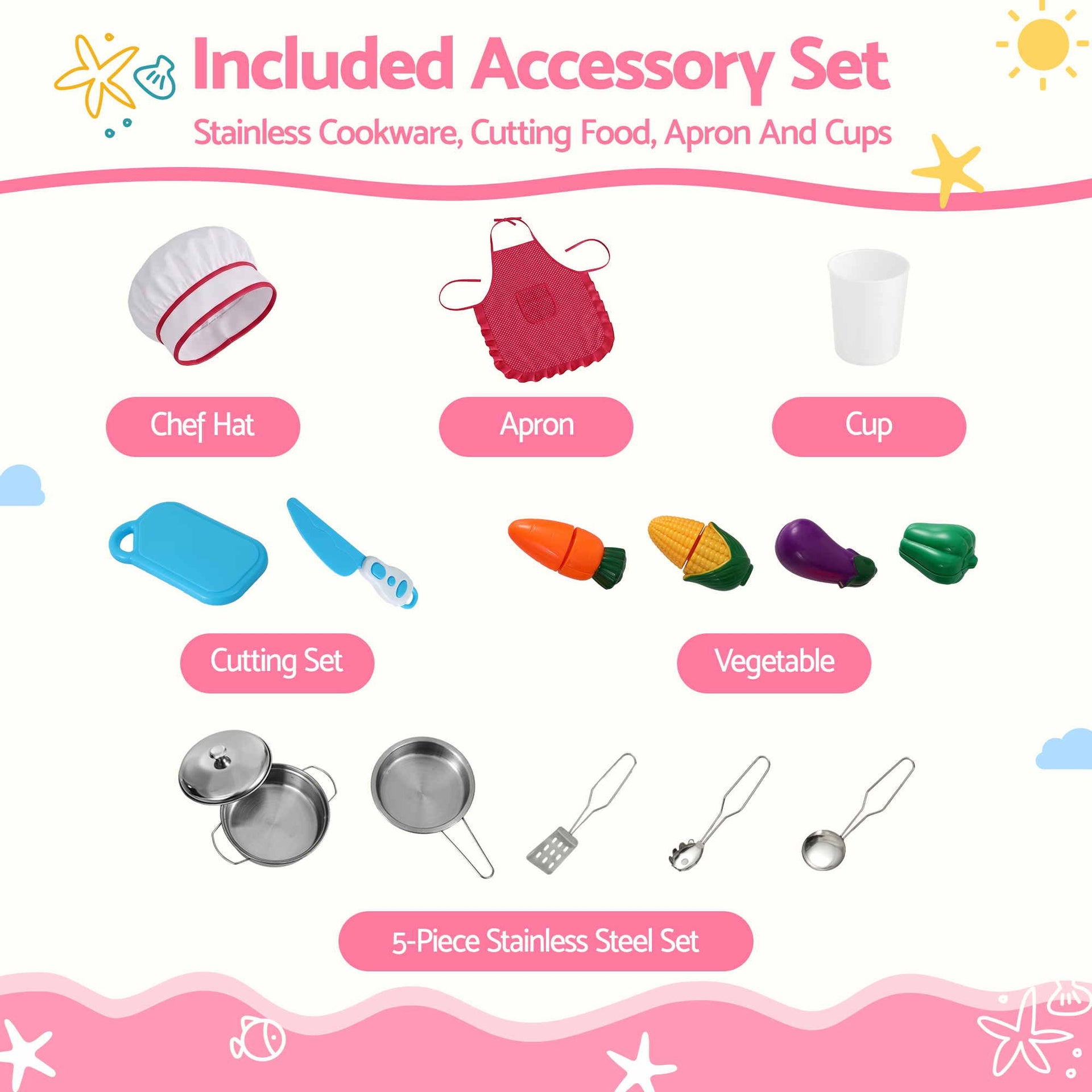 Keezi 102cm Wooden Pretend Kitchen Playset With Apron And Food Set1 Pink Awezingly