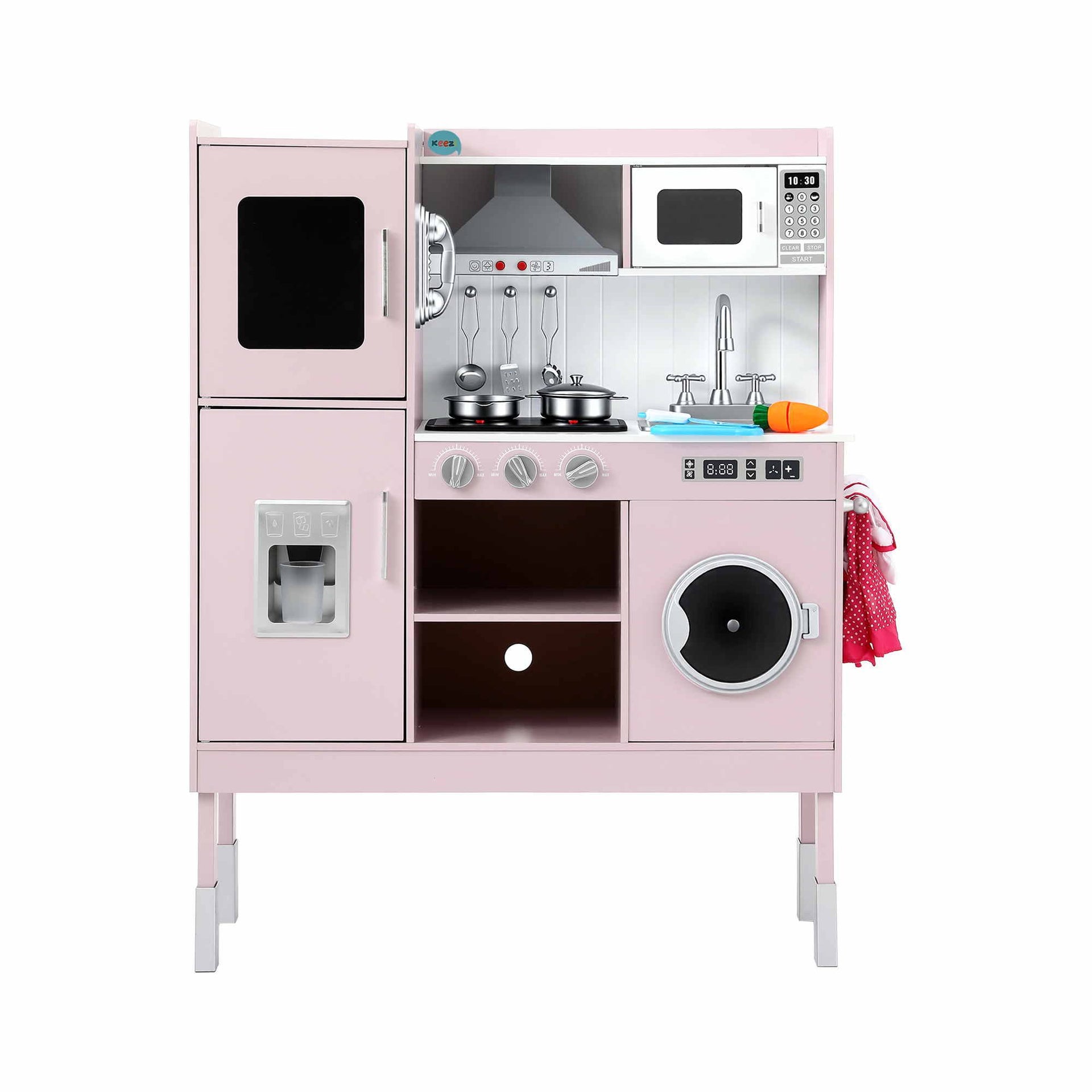 Keezi 102cm Wooden Pretend Kitchen Playset With Apron And Food Set1 Pink Awezingly