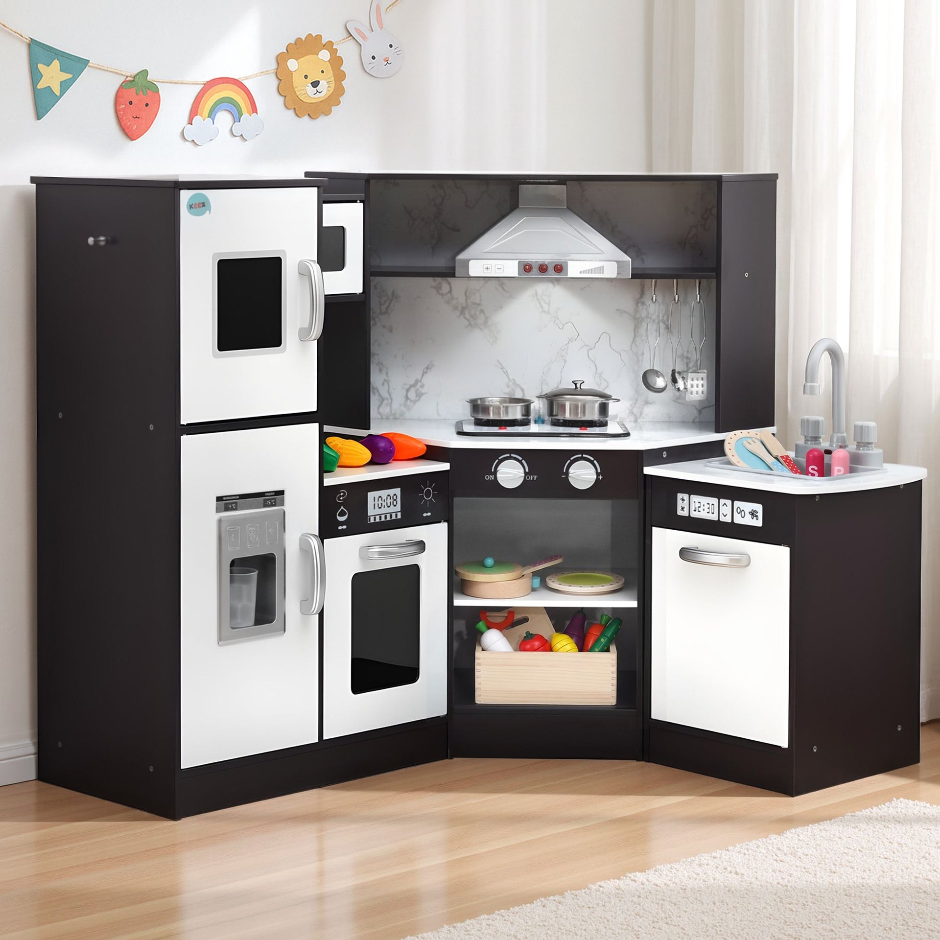 Keezi Kids Wooden Kitchen Playset 29pc Food Set Black White Awezingly