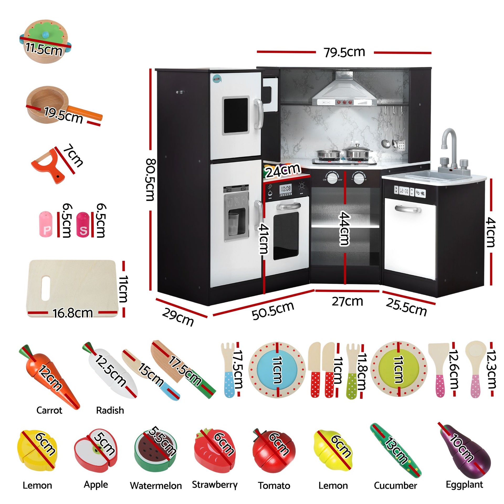 Keezi Kids Wooden Kitchen Playset 29pc Food Set Black White Awezingly