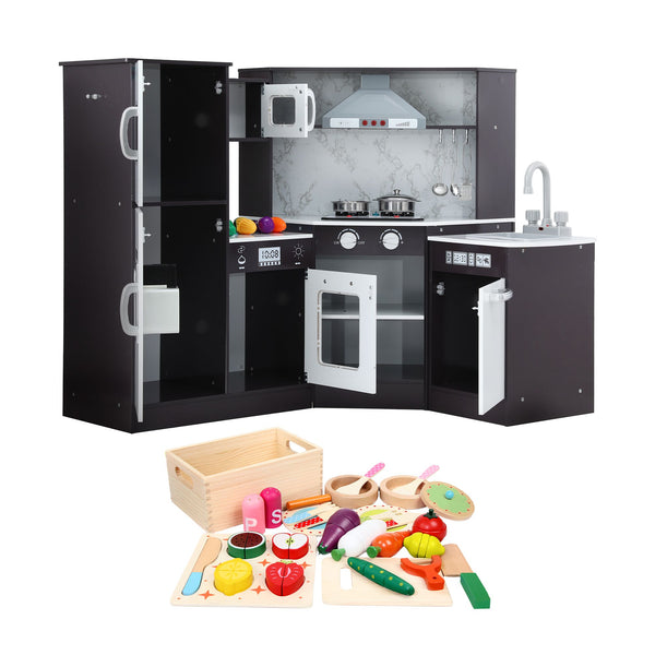 Keezi Kids Wooden Kitchen Playset 29pc Food Set Black White Awezingly