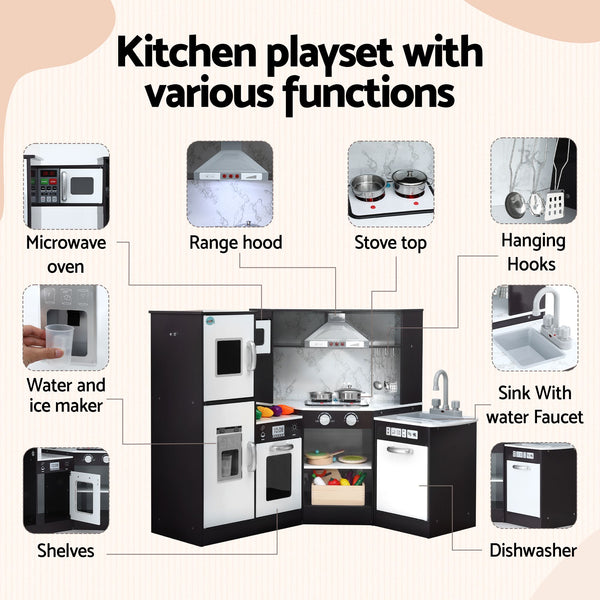Keezi Kids Wooden Kitchen Playset 29pc Food Set Black White Awezingly