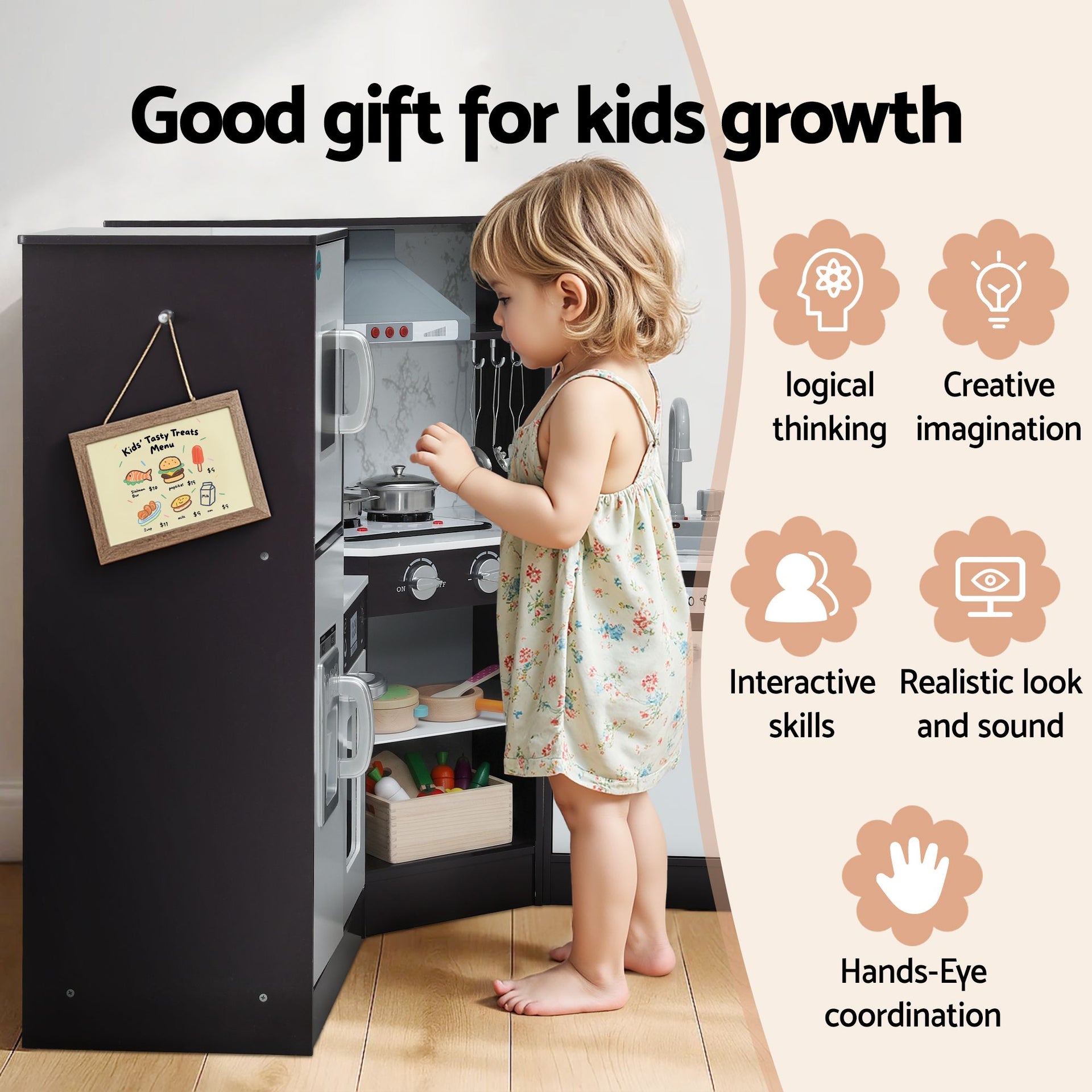 Keezi Kids Wooden Kitchen Playset 29pc Food Set Black White Awezingly