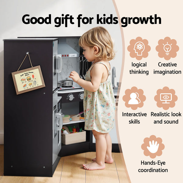 Keezi Kids Wooden Kitchen Playset 29pc Food Set Black White Awezingly