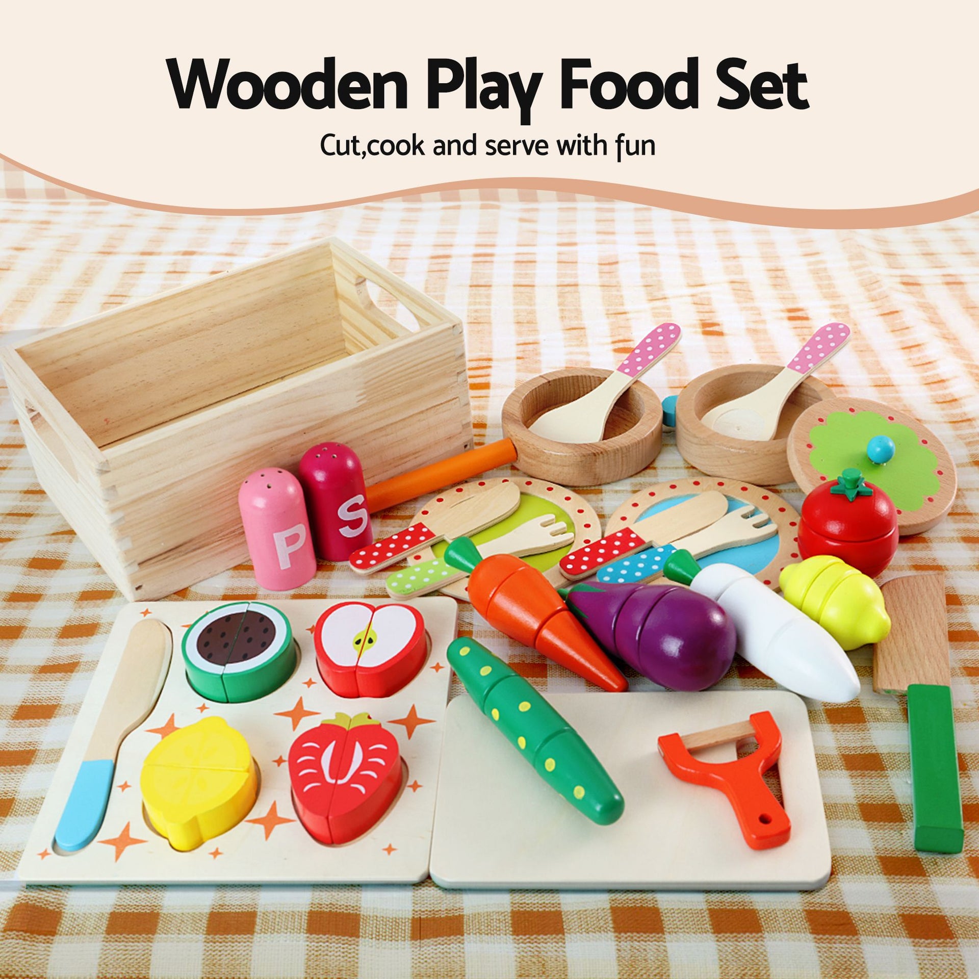 Keezi Kids Wooden Kitchen Playset 29pc Food Set Black White Awezingly