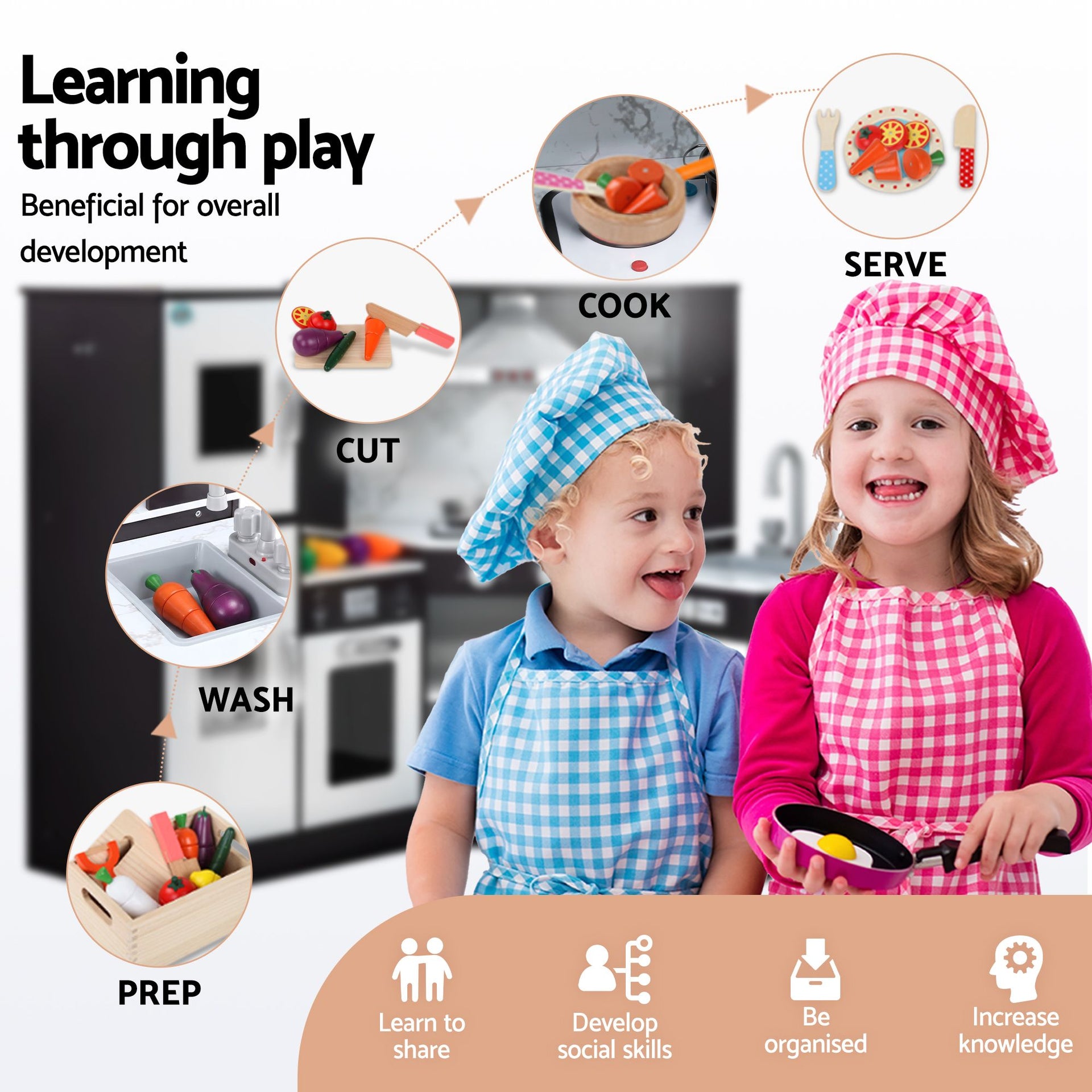 Keezi Kids Wooden Kitchen Playset 29pc Food Set Black White Awezingly