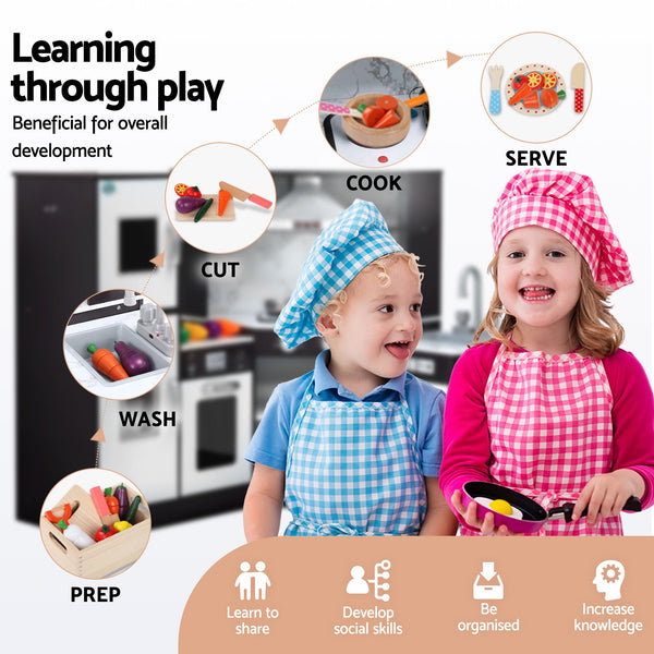 Keezi Kids Wooden Kitchen Playset 29pc Food Set Black White Awezingly