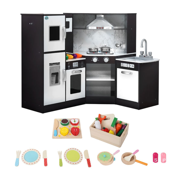 Keezi Kids Wooden Kitchen Playset 29pc Food Set Black White Awezingly
