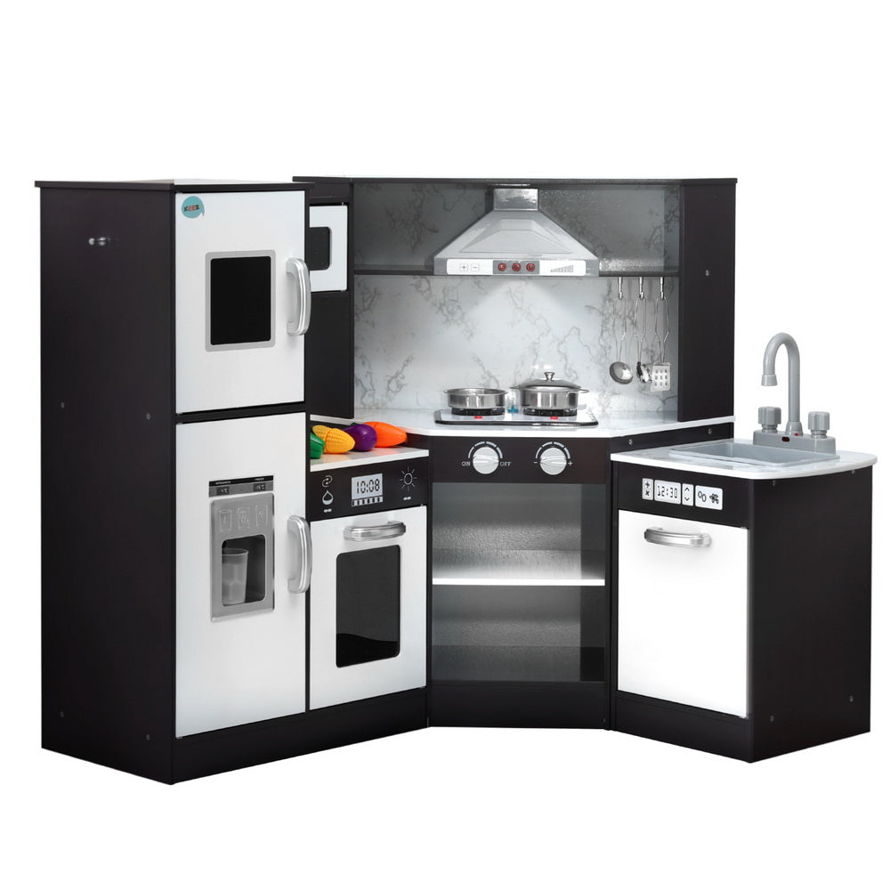 Keezi Kids Kitchen Play Set Wooden Pretend Cooking Playset w/Sounds Lights Black Awezingly