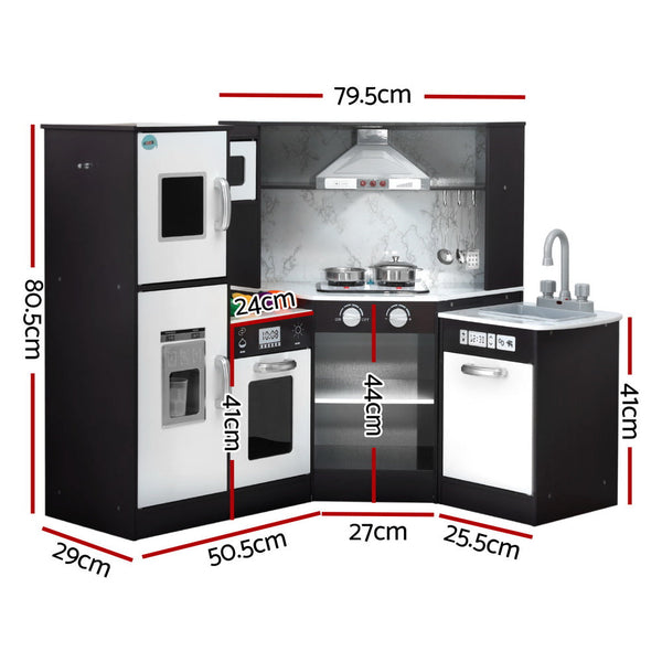 Keezi Kids Kitchen Play Set Wooden Pretend Cooking Playset w/Sounds Lights Black Awezingly