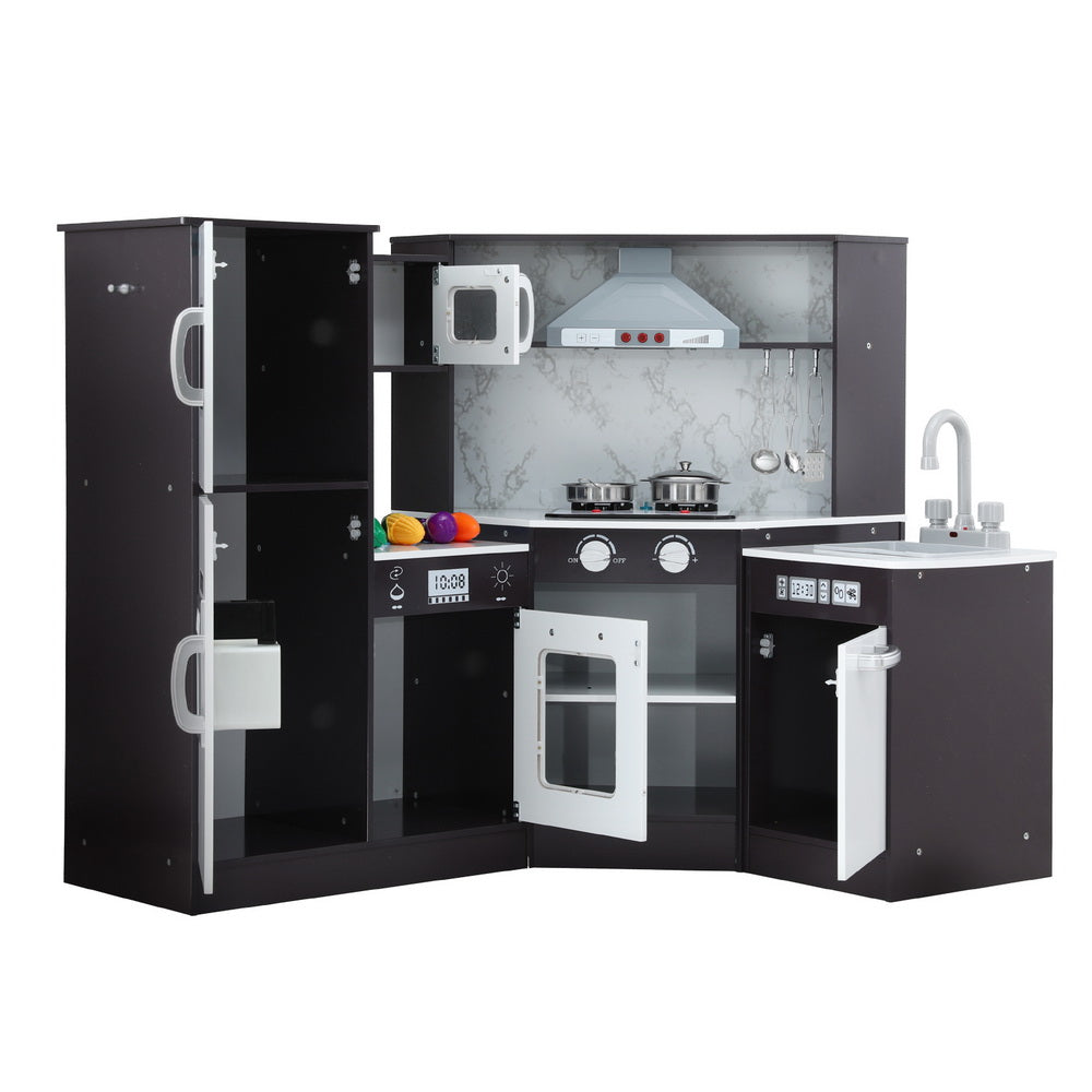 Keezi Kids Kitchen Play Set Wooden Pretend Cooking Playset w/Sounds Lights Black Awezingly