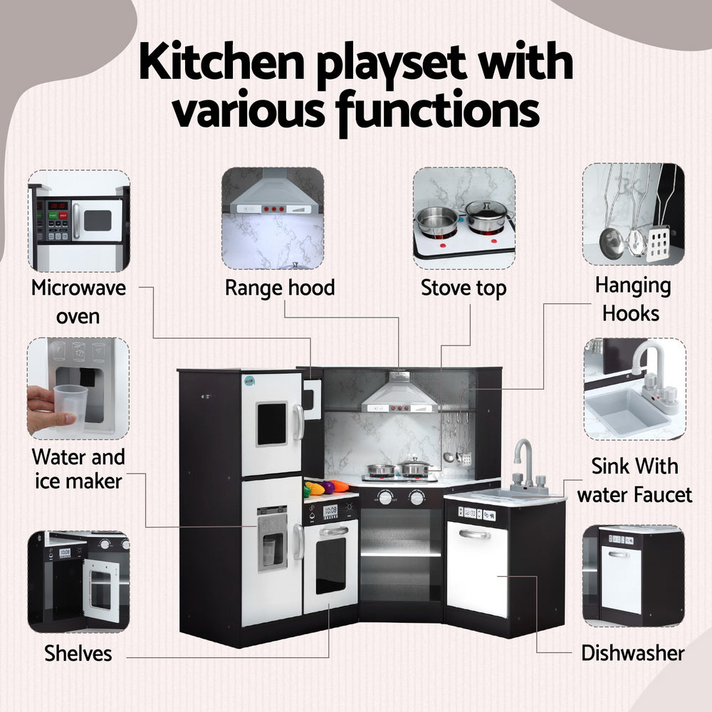 Keezi Kids Kitchen Play Set Wooden Pretend Cooking Playset w/Sounds Lights Black Awezingly