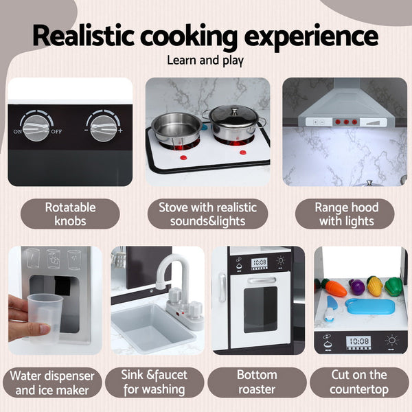 Keezi Kids Kitchen Play Set Wooden Pretend Cooking Playset w/Sounds Lights Black Awezingly