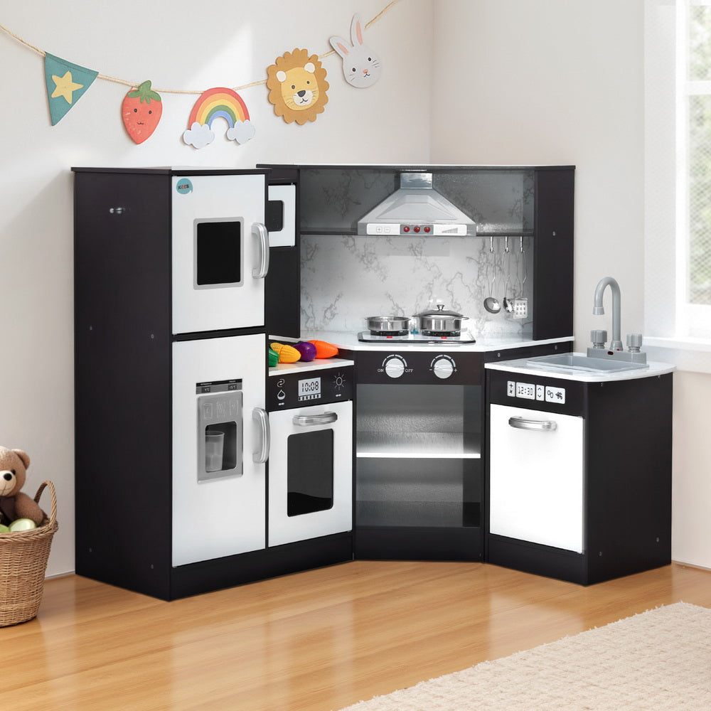 Keezi Kids Kitchen Play Set Wooden Pretend Cooking Playset w/Sounds Lights Black Awezingly