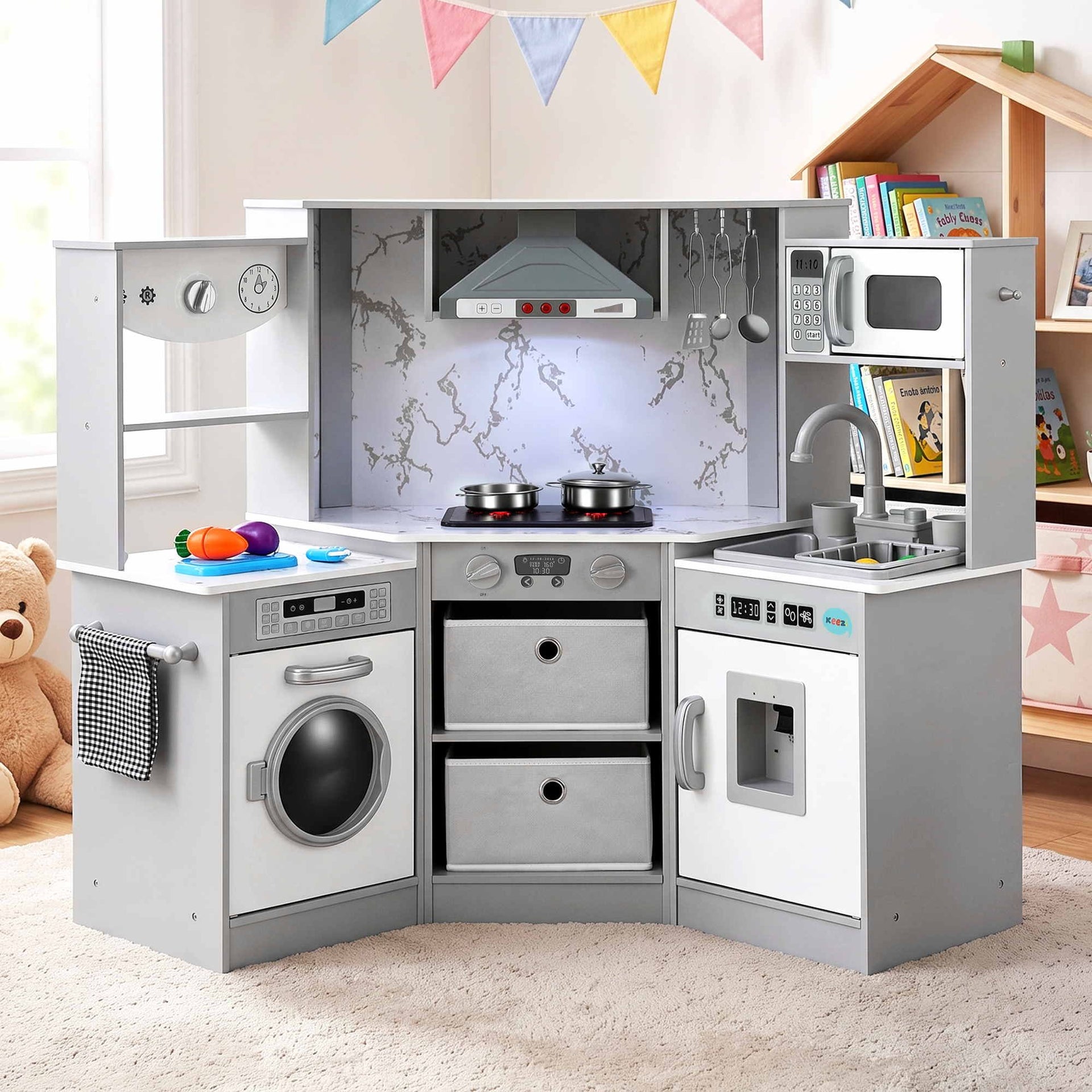 Keezi 112cm Wooden Pretend Kitchen Playset Kids Toy Sink Stove Grey Awezingly