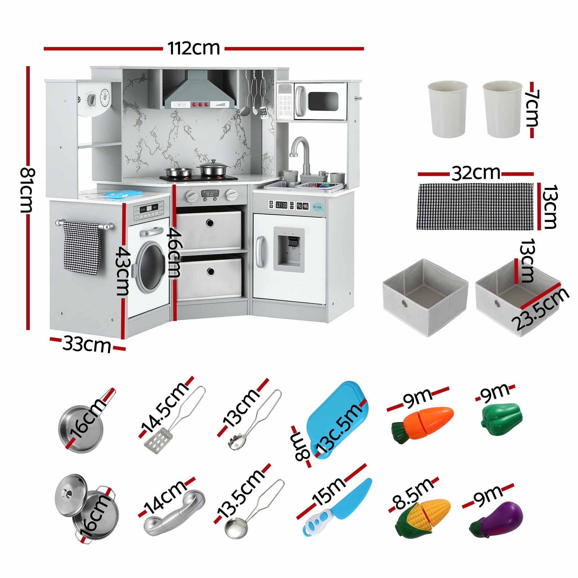 Keezi 112cm Wooden Pretend Kitchen Playset Kids Toy Sink Stove Grey Awezingly