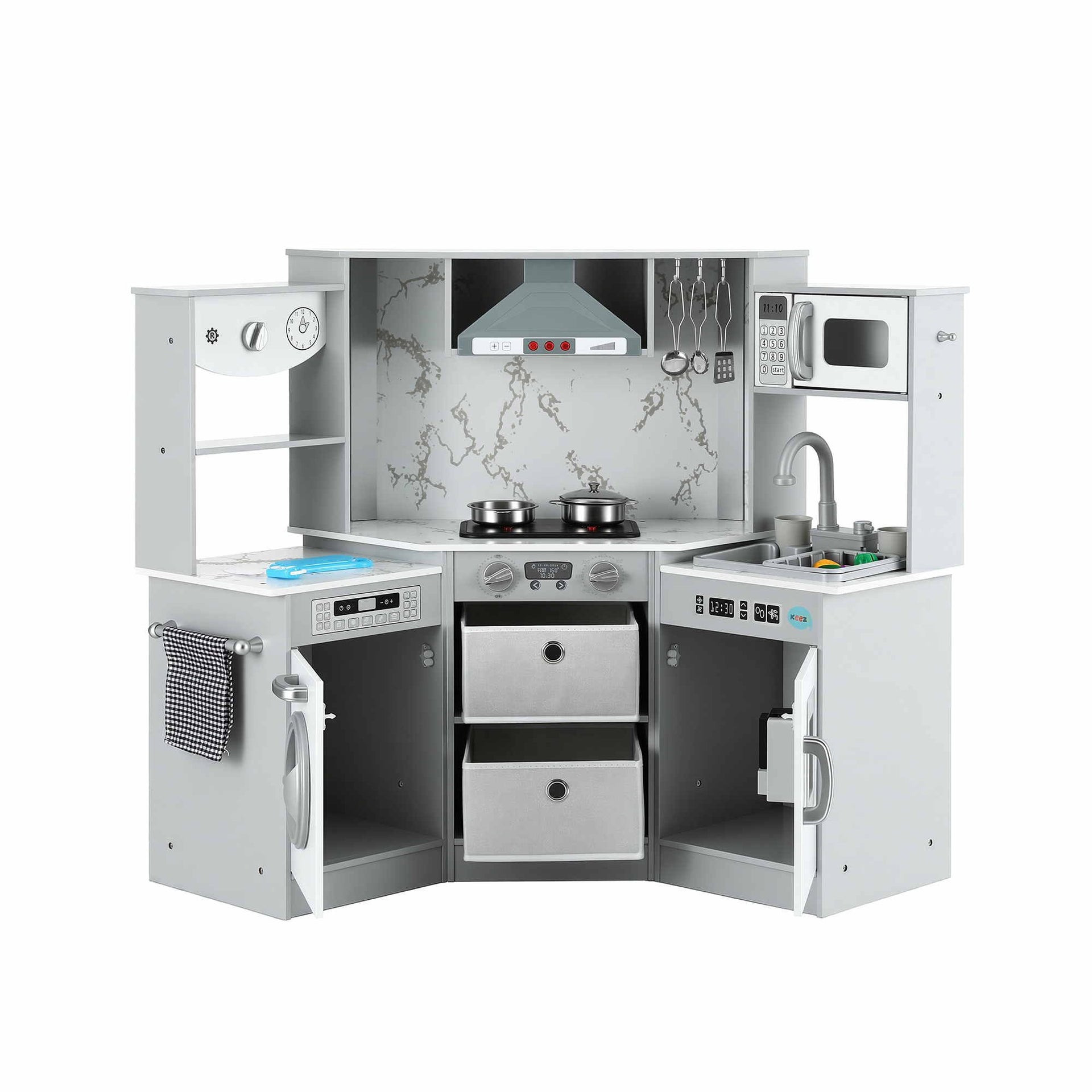 Keezi 112cm Wooden Pretend Kitchen Playset Kids Toy Sink Stove Grey Awezingly