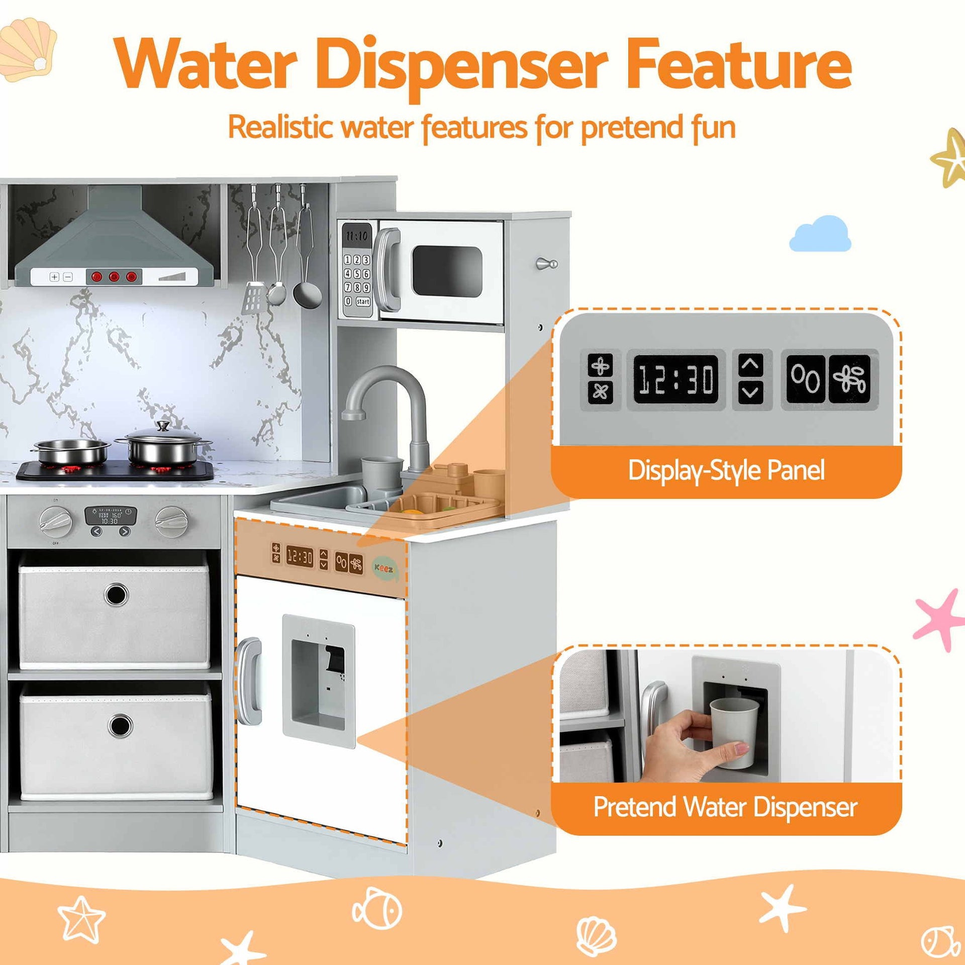 Keezi 112cm Wooden Pretend Kitchen Playset Kids Toy Sink Stove Grey Awezingly
