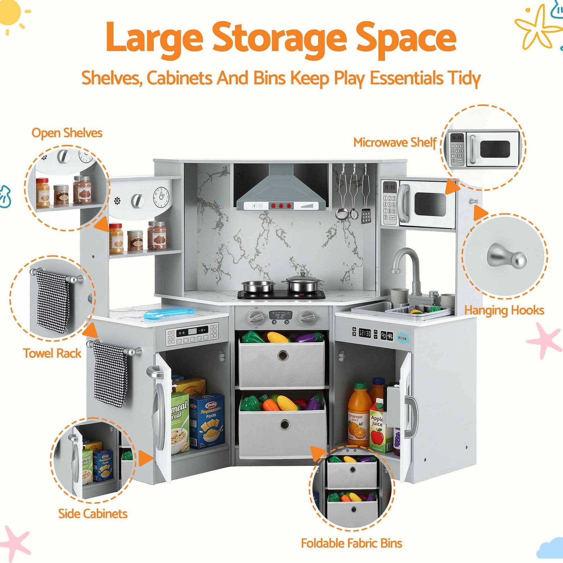 Keezi 112cm Wooden Pretend Kitchen Playset Kids Toy Sink Stove Grey Awezingly