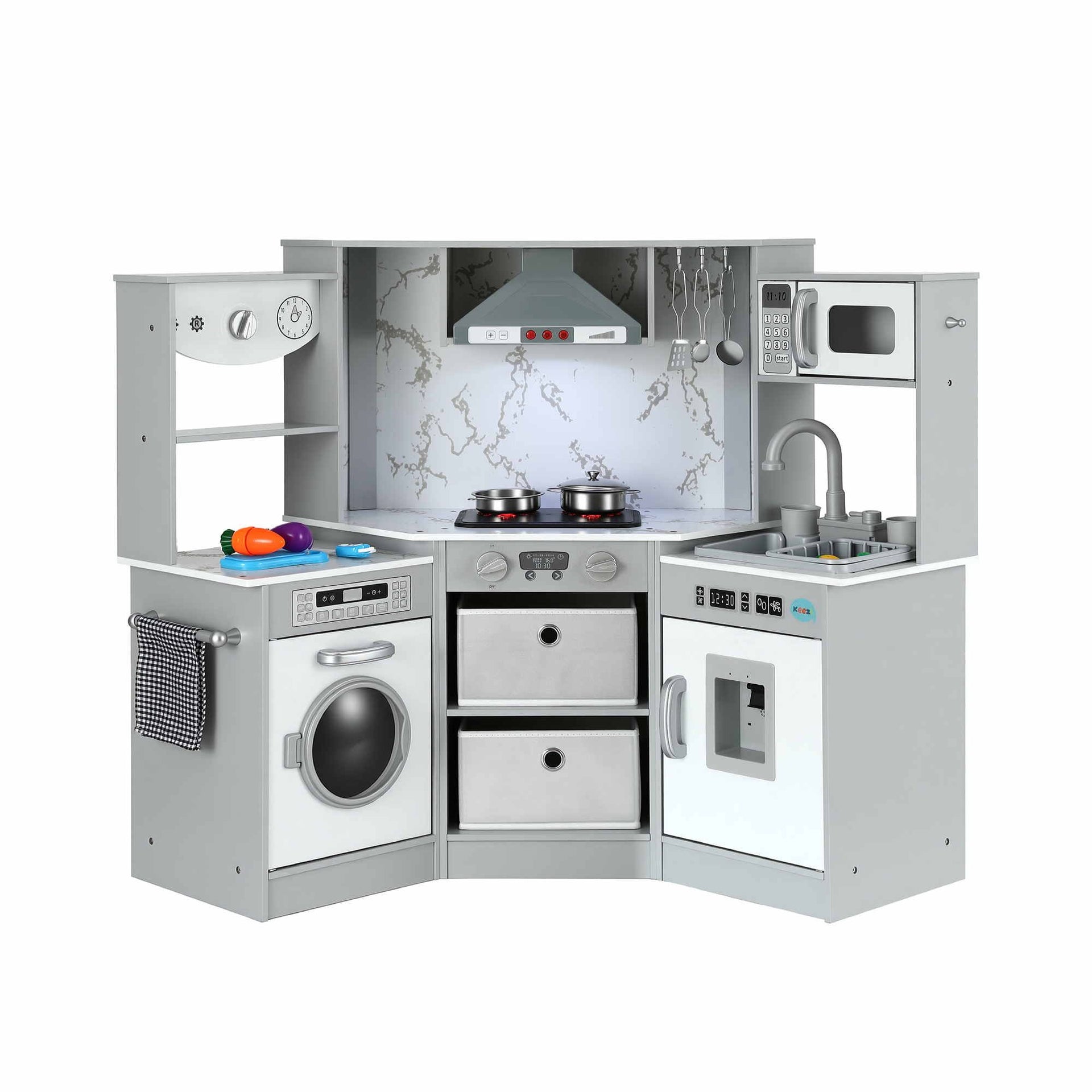 Keezi 112cm Wooden Pretend Kitchen Playset Kids Toy Sink Stove Grey Awezingly