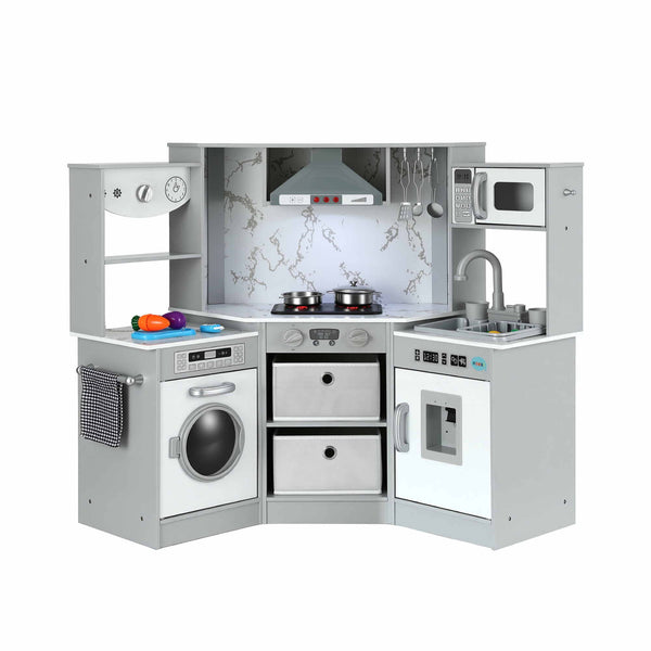 Keezi 112cm Wooden Pretend Kitchen Playset Kids Toy Sink Stove Grey Awezingly