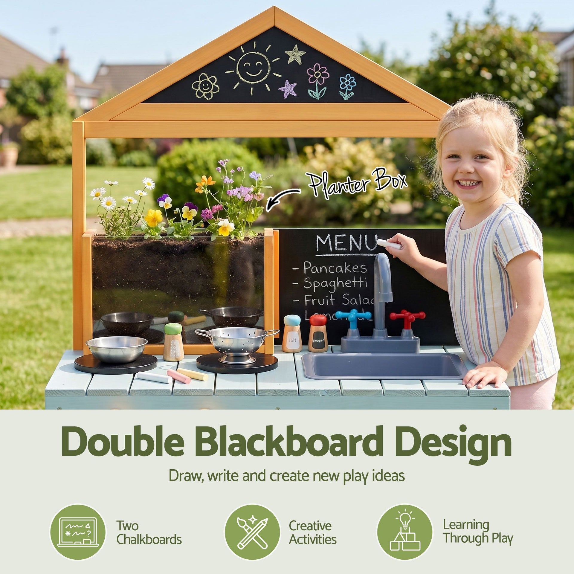 Keezi Kids Mud Kitchen Play Kitchen Toy Kitchen Set with Blackboard 110cm Awezingly