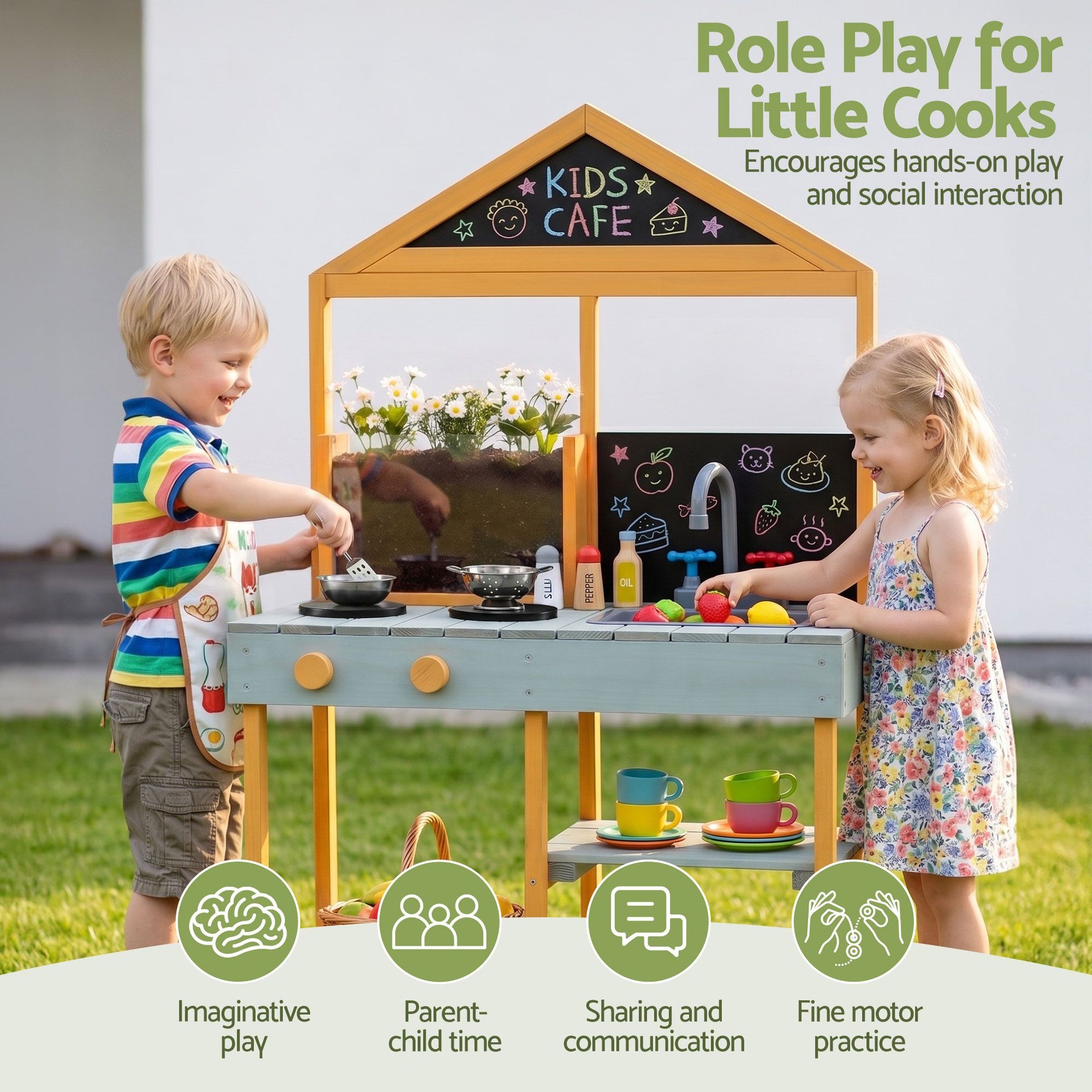 Keezi Kids Mud Kitchen Play Kitchen Toy Kitchen Set with Blackboard 110cm Awezingly
