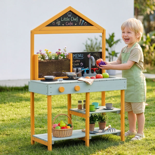 Keezi Kids Mud Kitchen Play Kitchen Toy Kitchen Set with Blackboard 110cm Awezingly