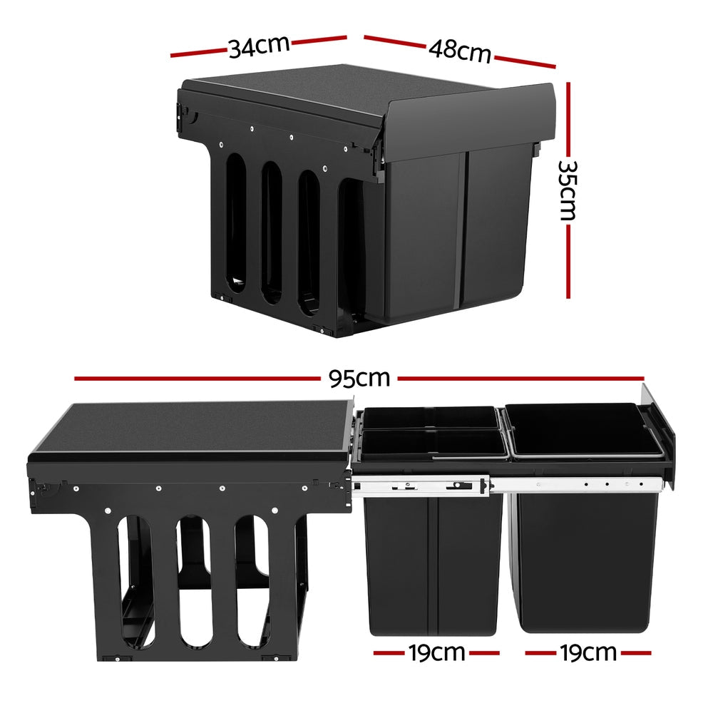Cefito Pull Out Bin Kitchen Triple Slide Garbage Rubbish Bins Basket Blcak 31L Awezingly