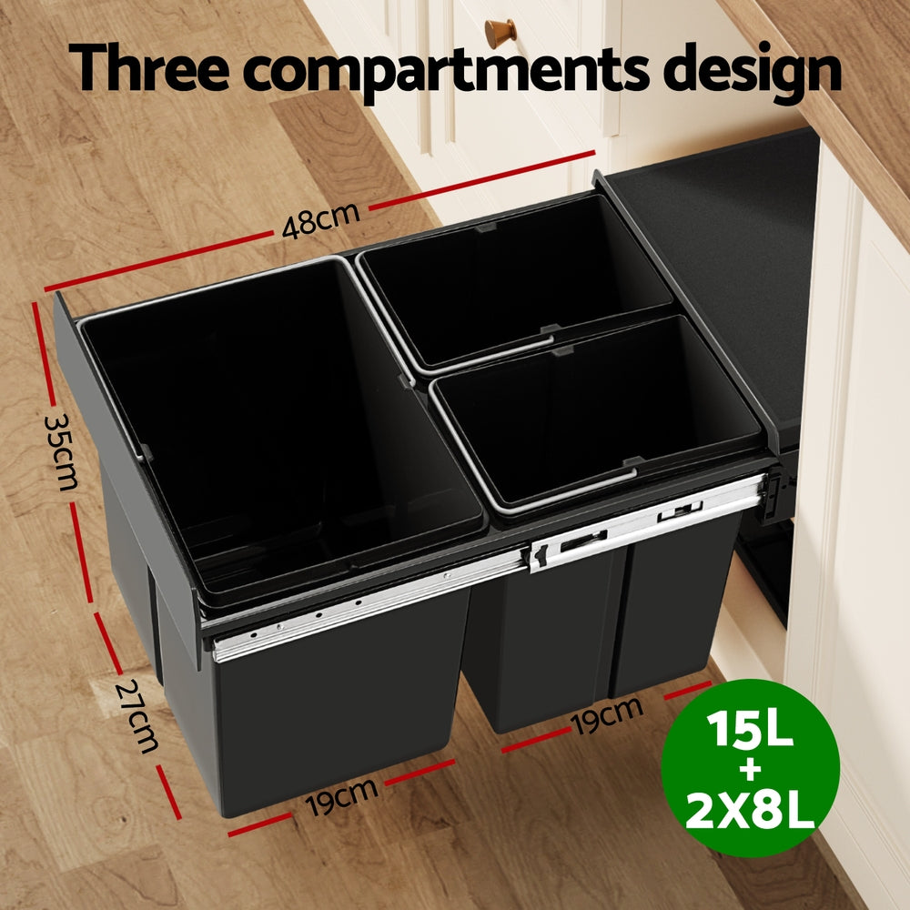 Cefito Pull Out Bin Kitchen Triple Slide Garbage Rubbish Bins Basket Blcak 31L Awezingly