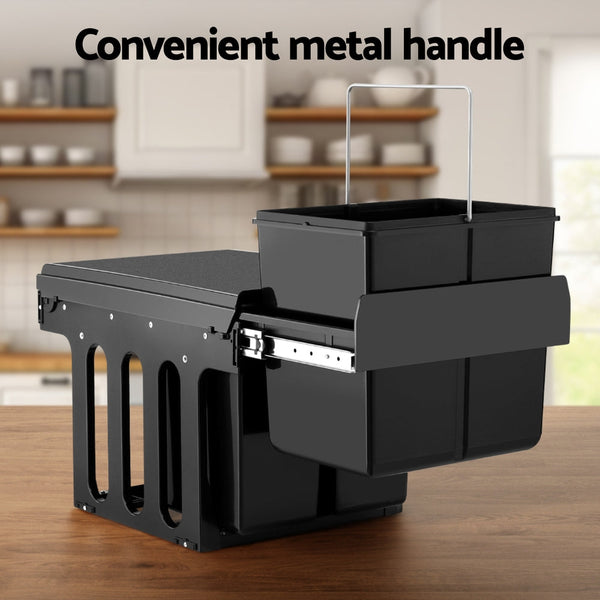 Cefito Pull Out Bin Kitchen Triple Slide Garbage Rubbish Bins Basket Blcak 31L Awezingly