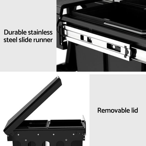 Cefito Pull Out Bin Kitchen Triple Slide Garbage Rubbish Bins Basket Blcak 31L Awezingly