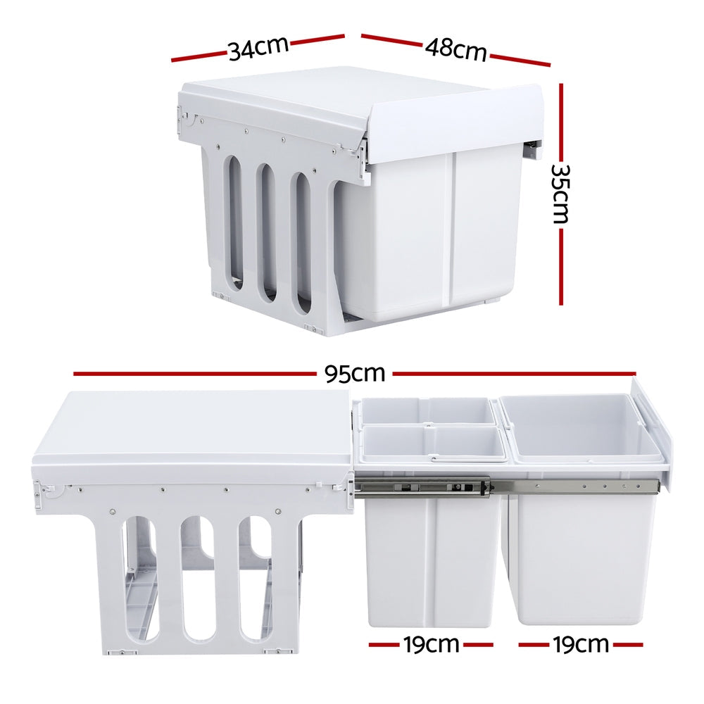 Cefito Pull Out Bin Kitchen Triple Slide Garbage Rubbish Bins Basket White 31L Awezingly