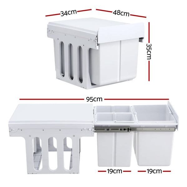 Cefito Pull Out Bin Kitchen Triple Slide Garbage Rubbish Bins Basket White 31L Awezingly
