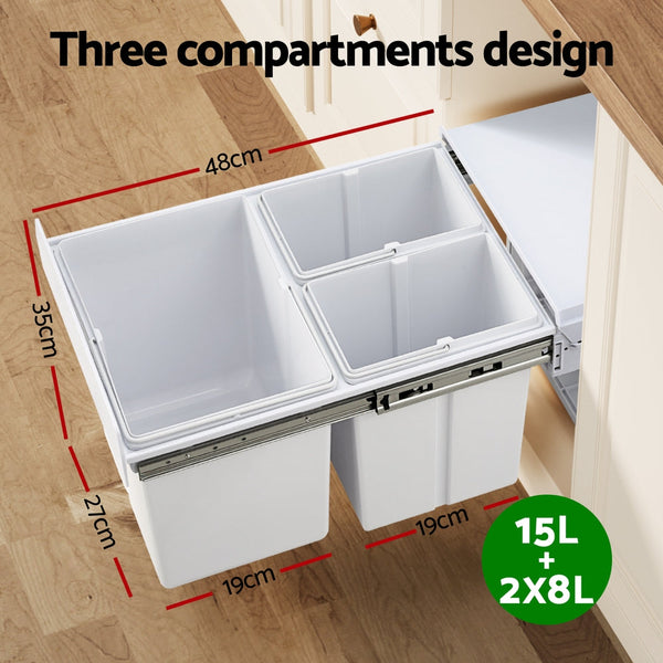 Cefito Pull Out Bin Kitchen Triple Slide Garbage Rubbish Bins Basket White 31L Awezingly