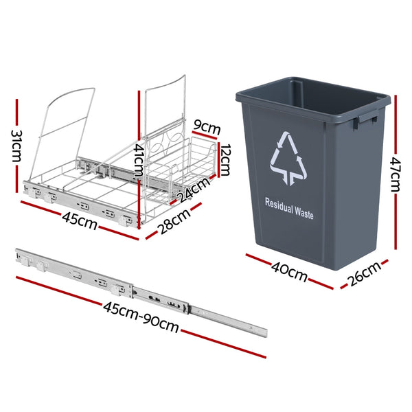 Cefito Pull Out Bin Kitchen Cabinet Slide Garbage Rubbish Bins Basket 40L Grey Awezingly