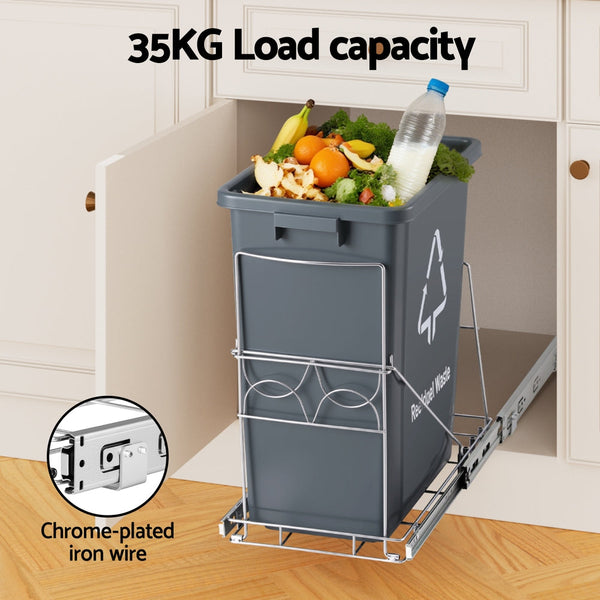 Cefito Pull Out Bin Kitchen Cabinet Slide Garbage Rubbish Bins Basket 40L Grey Awezingly