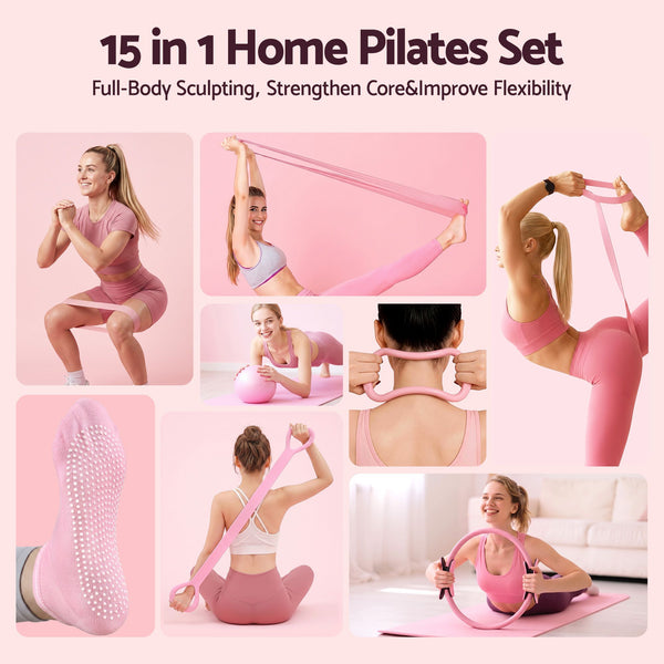 Everfit Pilates Ring Set for Women, 15pcs Home Workout Pilates Equipment with Ring, Ball, Yoga Socks, D-Ring etc. Pilates Starter Kit for Strength, Toning and Flexibility Pink Everfit