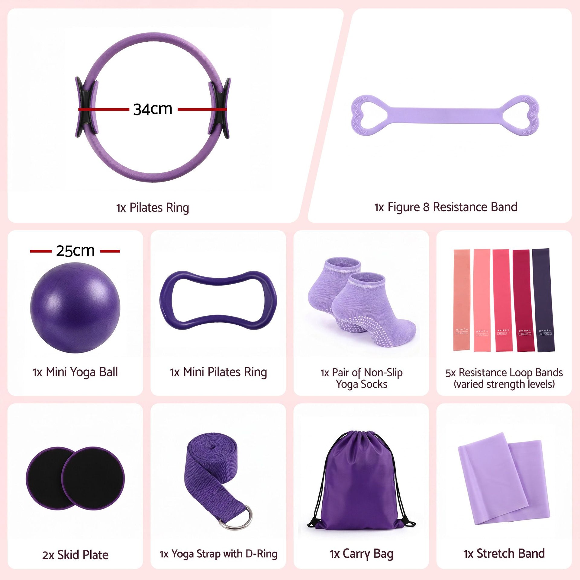 Everfit Pilates Ring Set for Women, 15pcs Home Workout Pilates Equipment with Ring, Ball, Yoga Socks, D-Ring etc. Pilates Starter Kit for Strength, Toning and Flexibility Purple Everfit