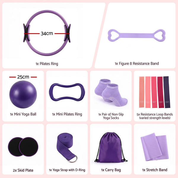 Everfit Pilates Ring Set for Women, 15pcs Home Workout Pilates Equipment with Ring, Ball, Yoga Socks, D-Ring etc. Pilates Starter Kit for Strength, Toning and Flexibility Purple Everfit