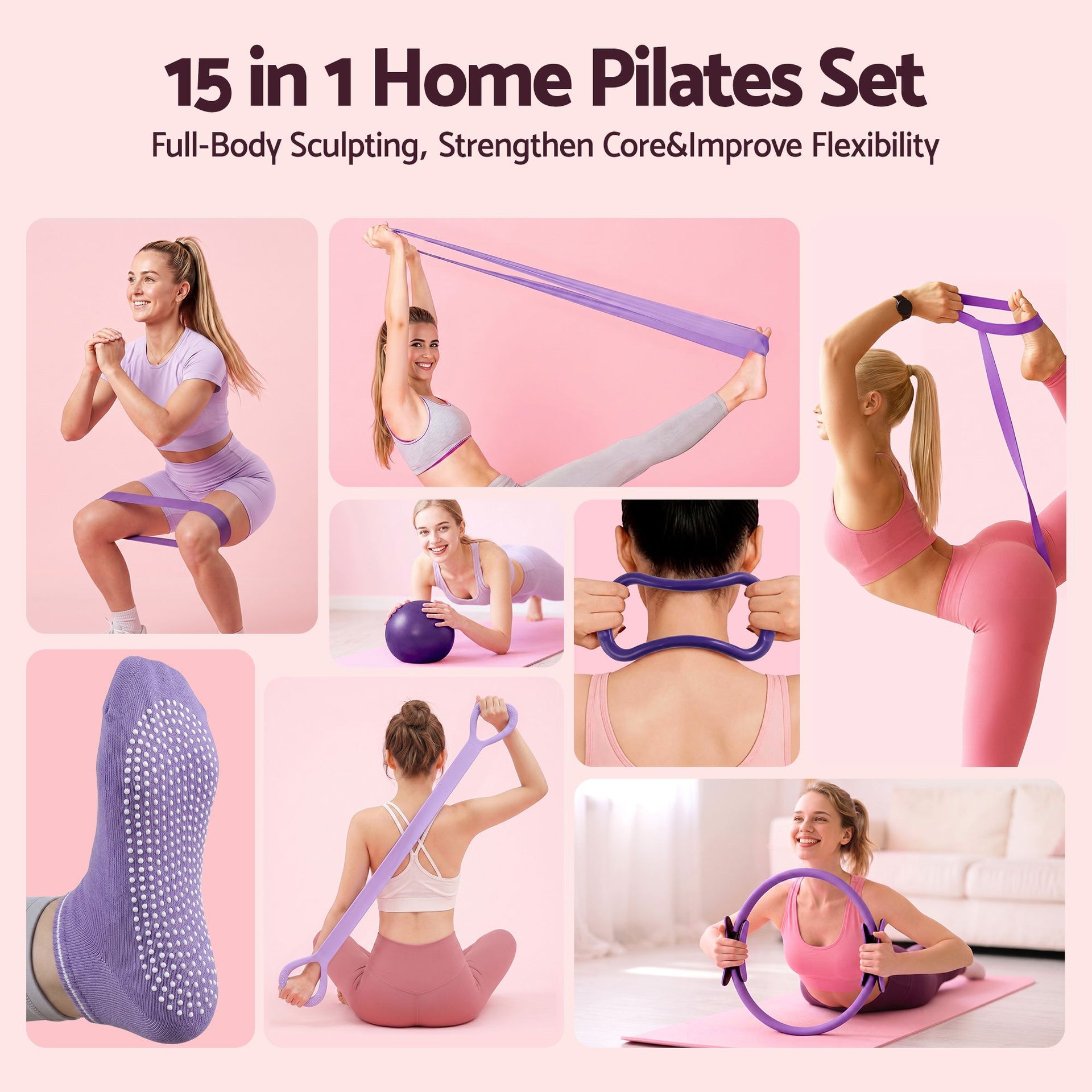 Everfit Pilates Ring Set for Women, 15pcs Home Workout Pilates Equipment with Ring, Ball, Yoga Socks, D-Ring etc. Pilates Starter Kit for Strength, Toning and Flexibility Purple Everfit