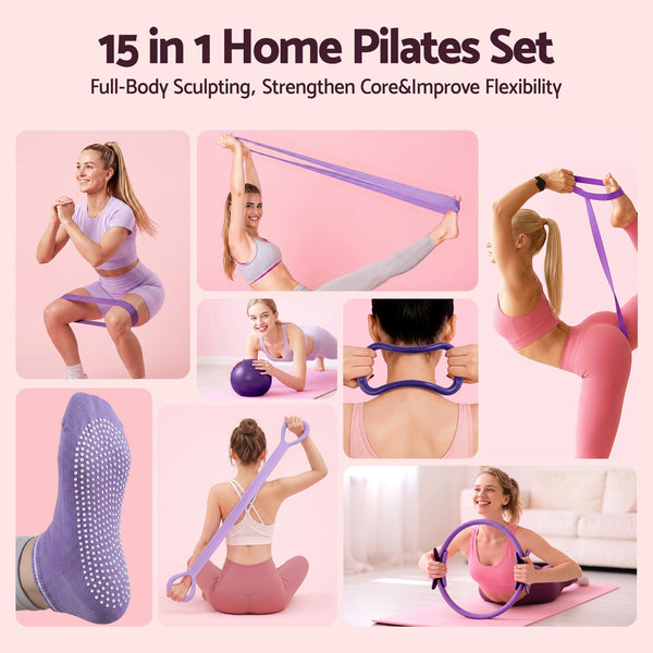 Everfit Pilates Ring Set for Women, 15pcs Home Workout Pilates Equipment with Ring, Ball, Yoga Socks, D-Ring etc. Pilates Starter Kit for Strength, Toning and Flexibility Purple Everfit