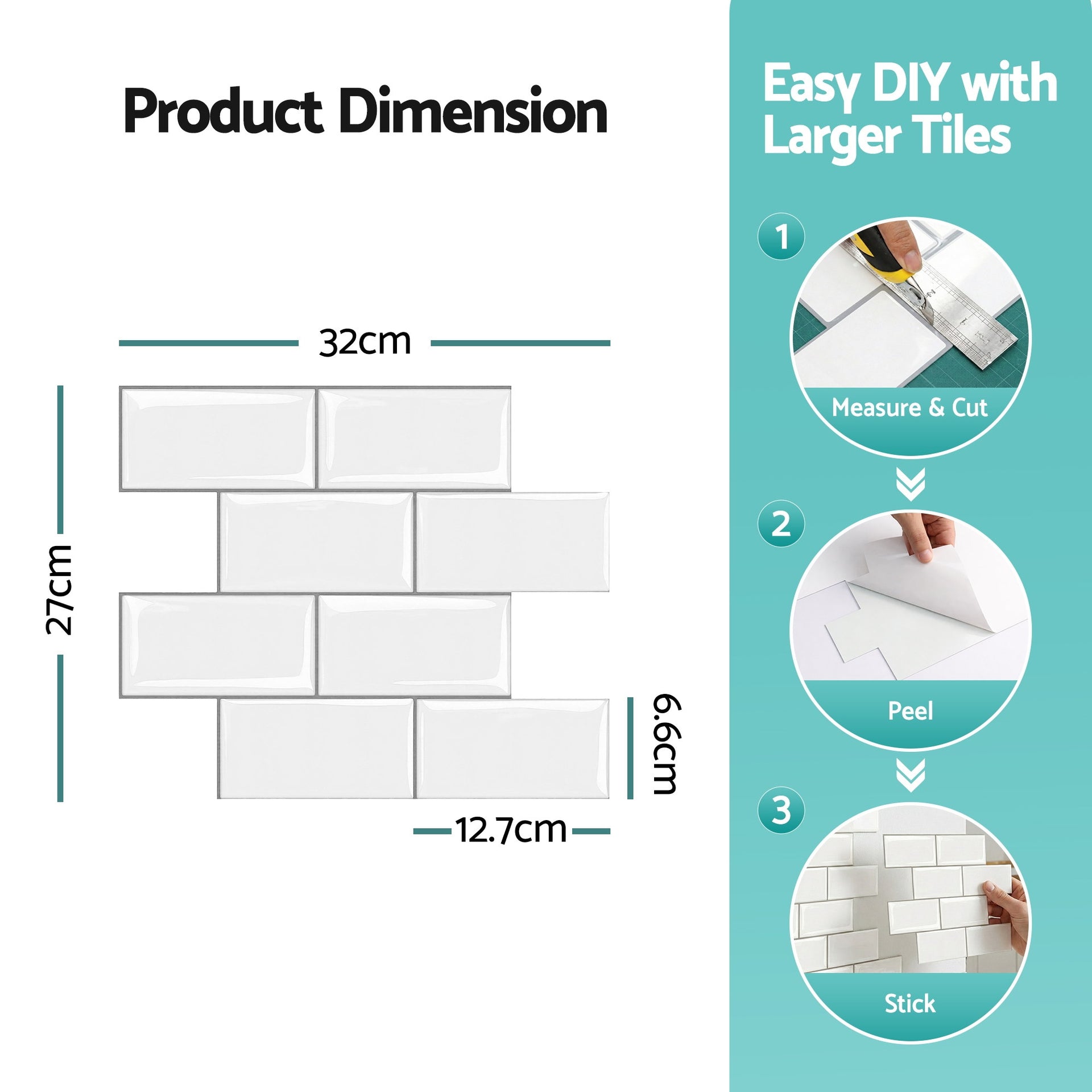 Artiss 3D Peel and Stick Wall Tiles Self Adhesive Subway Backsplash 10 Sheets, White Artiss