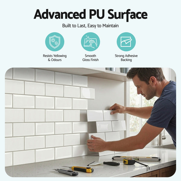 Artiss 3D Peel and Stick Wall Tiles Self Adhesive Subway Backsplash 10 Sheets, White Artiss