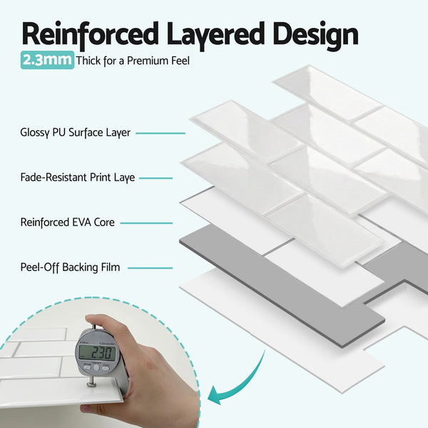 Artiss 3D Peel and Stick Wall Tiles Self Adhesive Subway Backsplash 10 Sheets, White Artiss