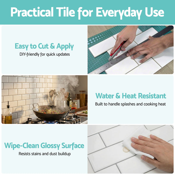 Artiss 3D Peel and Stick Wall Tiles Self Adhesive Subway Backsplash 10 Sheets, White Artiss