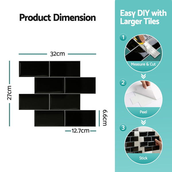 Artiss 3D Peel and Stick Wall Tiles Self Adhesive Subway Backsplash 10 Sheets, Black Artiss